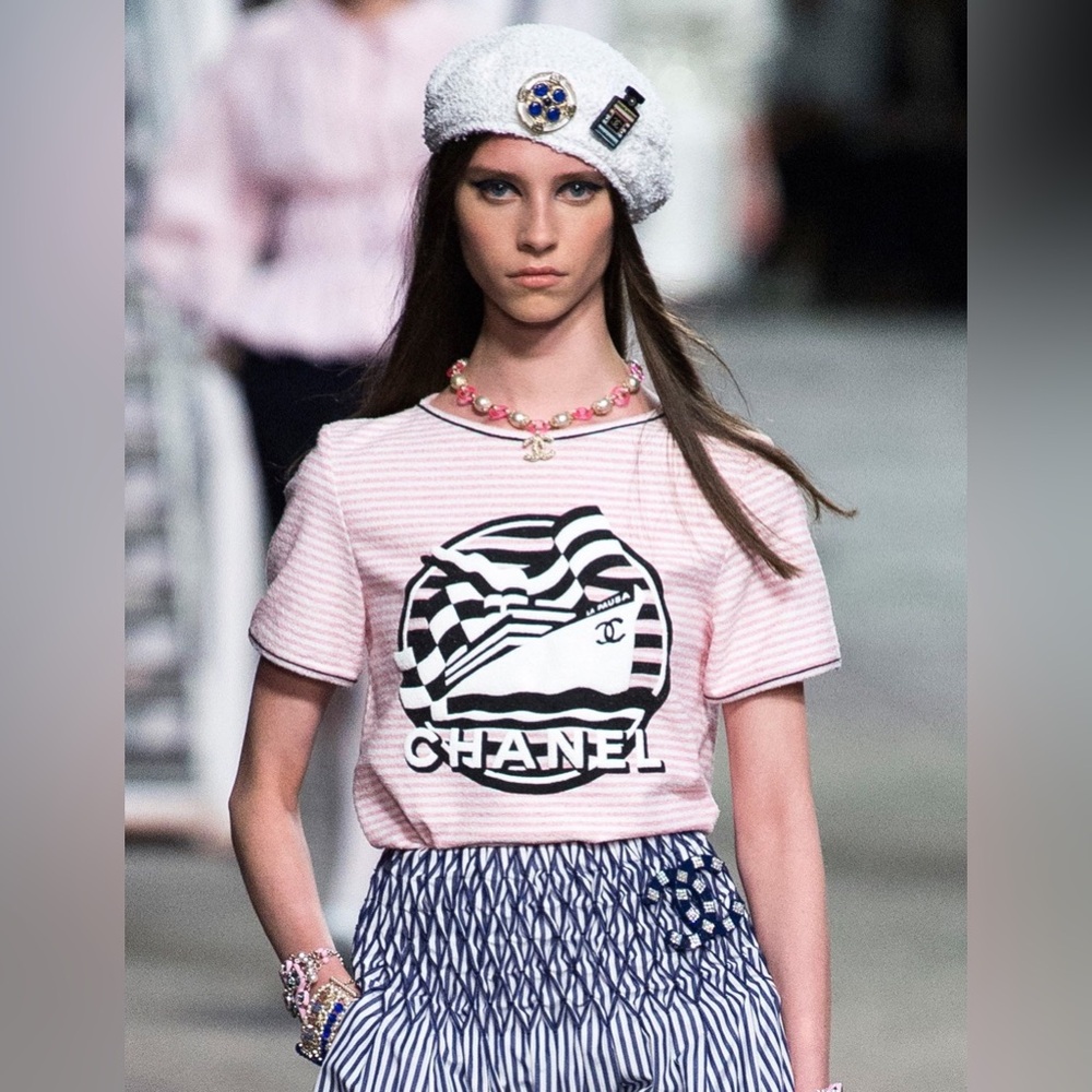 Chanel 2019 La Padua Runway Pink Striped Women's T-Shirt 36